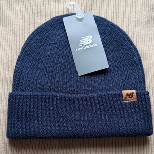 New Balance Navy Ribbed Cuff Beanie with Leather Logo